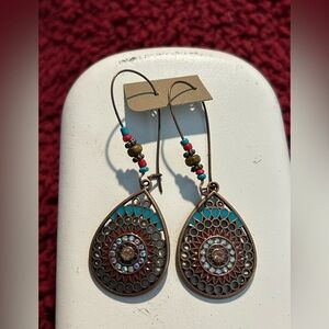 Turquoise and Red Bohemian Teardrop Earrings - Unbranded
